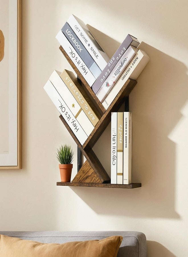 BESHIGH Tree Bookshelf 3 Tier Book shelves for Wall, Unique Hanging Bookshelf Wall Mounted Desk Bookshelves Organizer for Magazine/Books, Small Tree Bookshelf for Bedroom, Living Room Office, Rustic Brown - Image 1