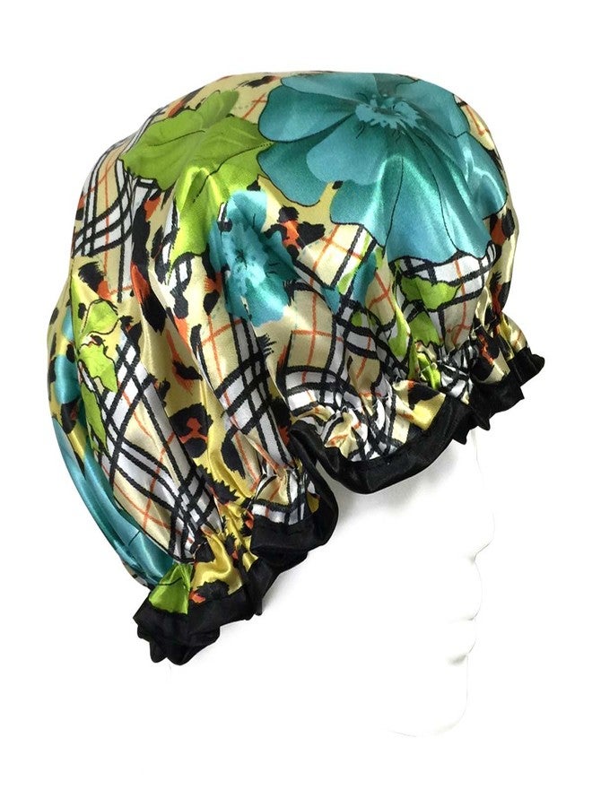 Bowbear Women's Stylish & Fun Satin Shower Caps, Plaid Floral - Image 2