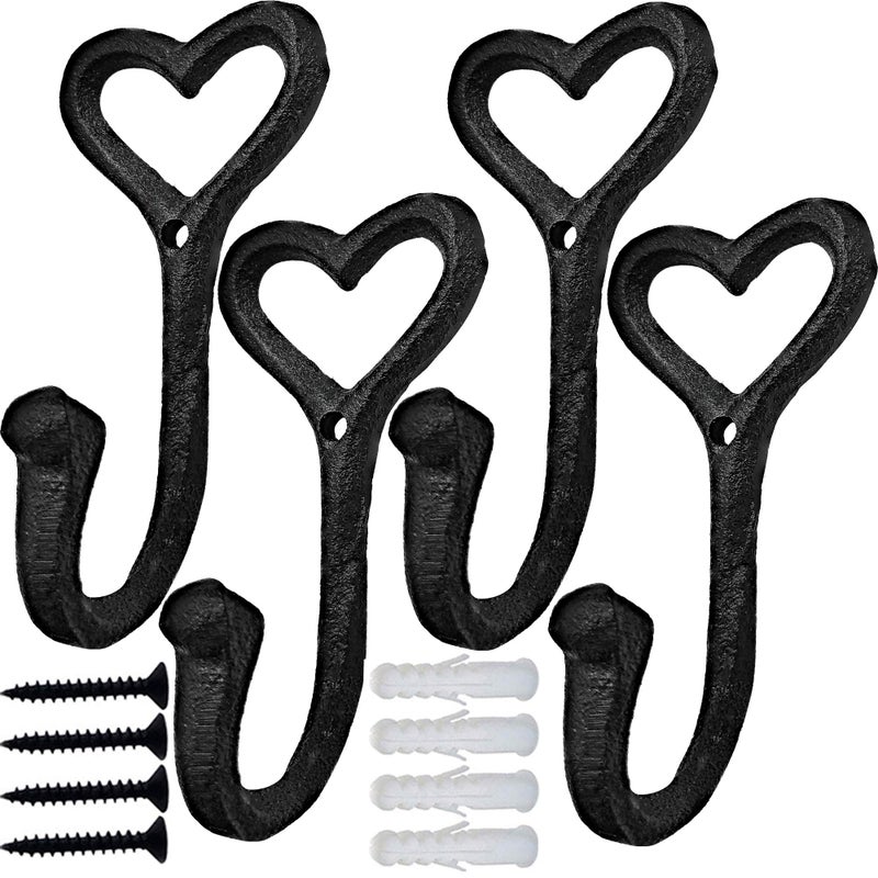 ZEYU ZEYU Heavy Duty Coat Hooks 4pcs Cast Iron Love Heart Shape Wall Hooks for Hanging Coats Black No Rust Hooks for Scarf Bag Towel Key Cap Cup Hat 