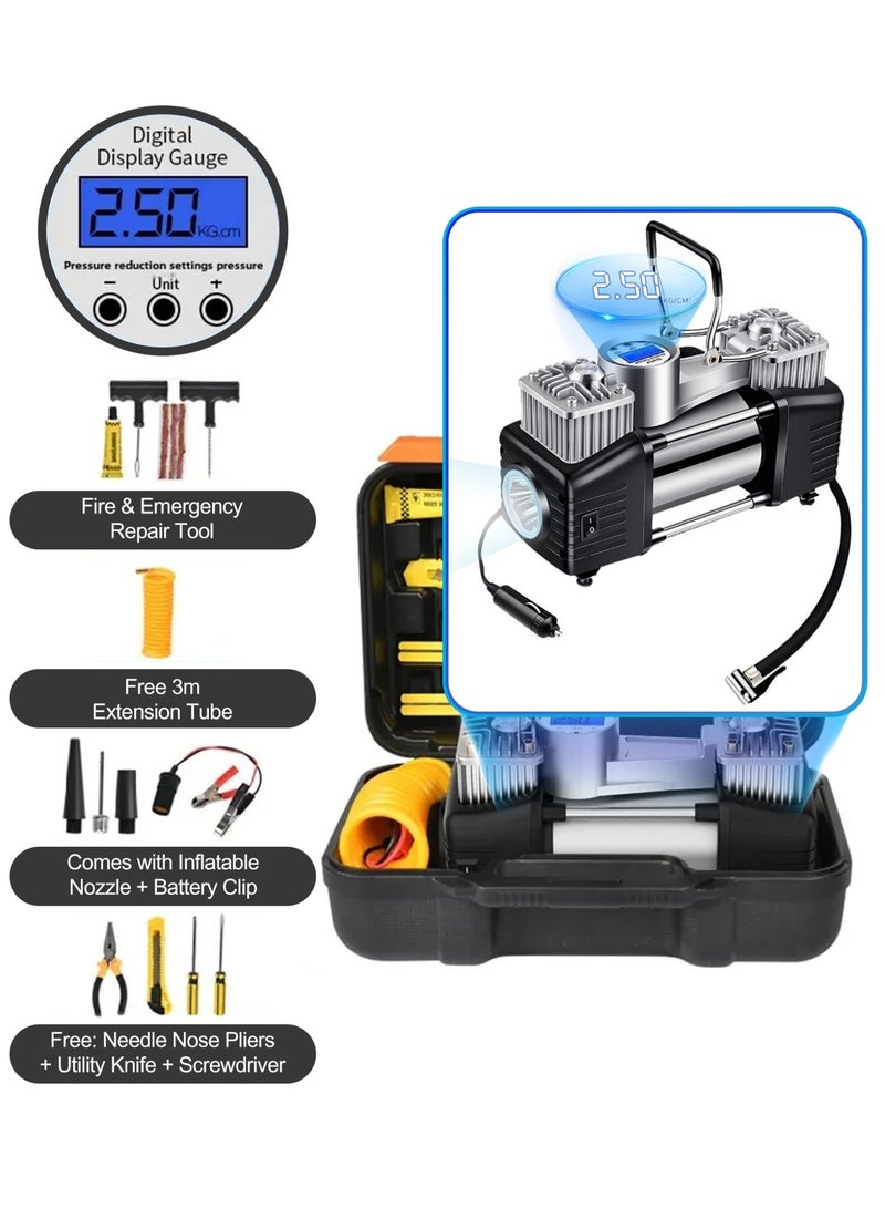 BESTIS Car Tyre Inflators Heavy Duty Desert Air Compressor Pump - 12V Double Cylinder Fast Inflation, Heat-Resistant with Digital Pressure Gauge & LED Light for SUV, Truck, 4x4, Car, Motorcycle + Free Tire Repair Kit & Emergency Tools  - Image 1