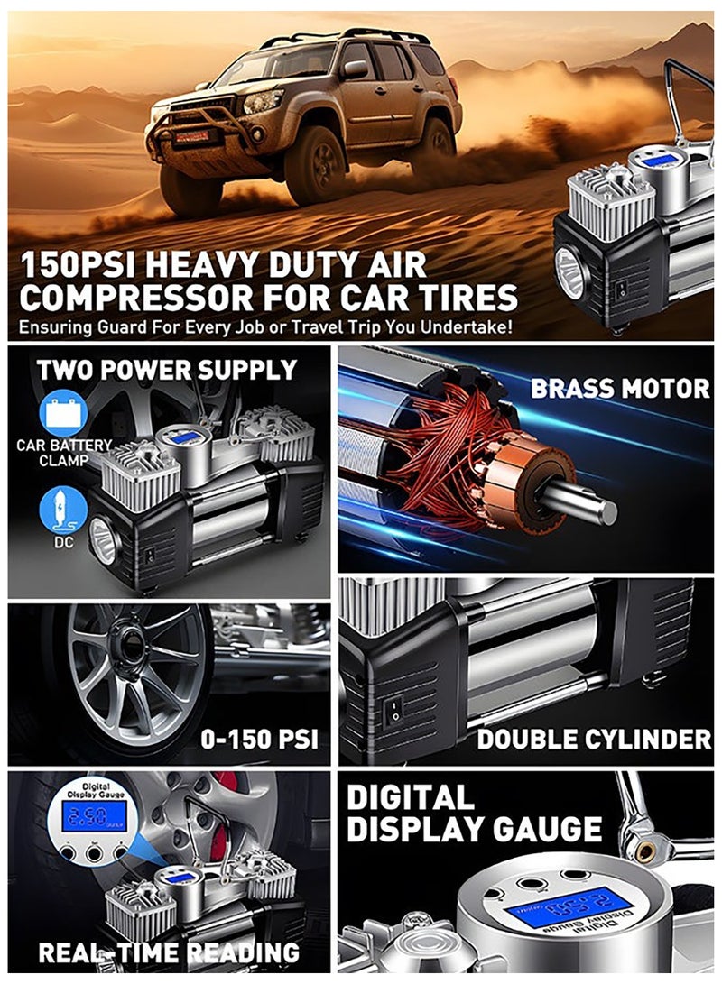BESTIS Car Tyre Inflators Heavy Duty Desert Air Compressor Pump - 12V Double Cylinder Fast Inflation, Heat-Resistant with Digital Pressure Gauge & LED Light for SUV, Truck, 4x4, Car, Motorcycle + Free Tire Repair Kit & Emergency Tools  - Image 2