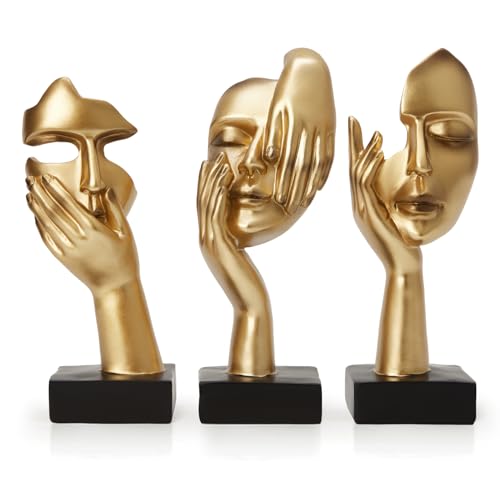 maozyiltle Gold Decor Thinker Statues Set of 3,Golden Abstract Face Resin Sculptures,Home Decor Accents,Office Bookshelf Decor, Shelf Side, Table Decorations for Living Room, Gift for Friends (gold-3Pcs) - Image 1