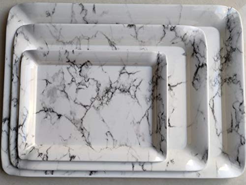 HOME STUFFS Melamine Serving Tray Set, White, Pack of 3 Pcs. (Small, Medium, Large) (Black Design) - Image 1