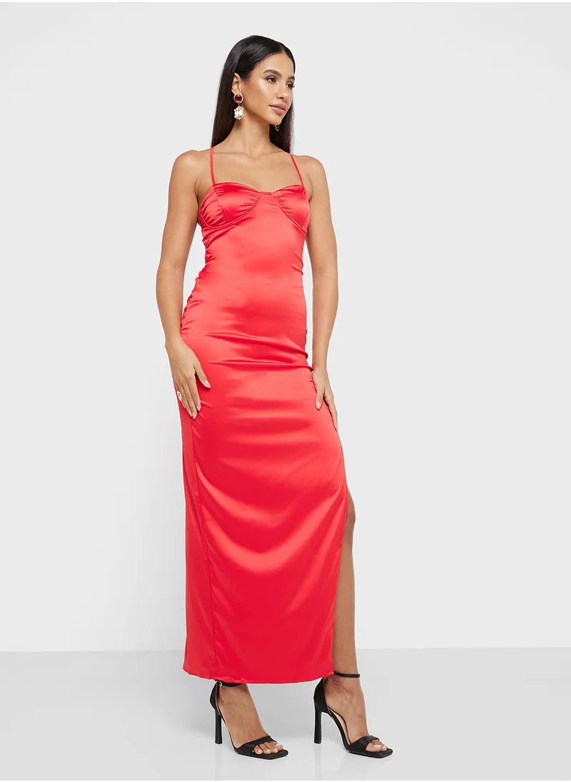 Jaded Rose Sweetheart Neck Side Slit Satin Dress