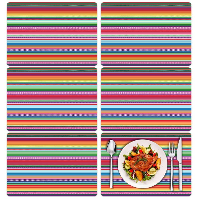Tarklanda Mexican Fiesta Plastic Placemats Set of 6 Colorful Striped Cinco De Mayo Plastic Place Mats 16x 11 Inch Washable Holiday Vinyl Table Mats for Indoor Outdoor Kitchen Dinner Table Setting - Image 1