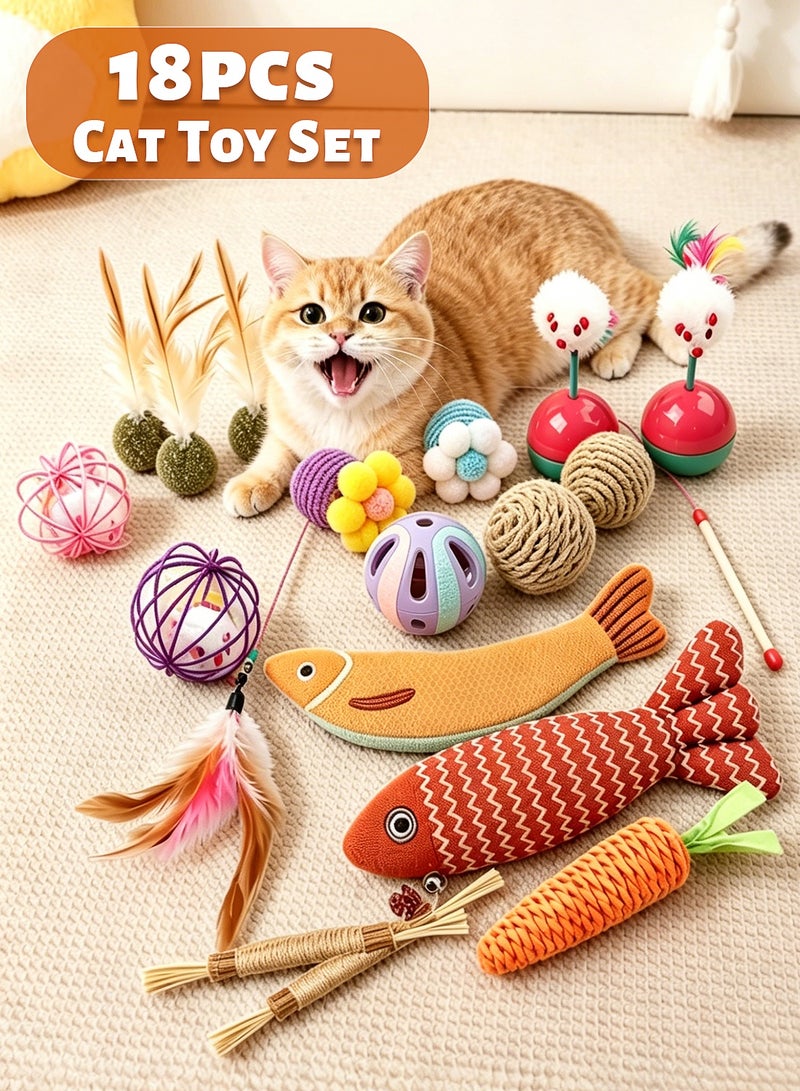 18pcs Cat Toy Set (1 Teasing Cat Stick, 1 Catnip Saury, 1 Catnip Burlap Fish, 1 Sisal Carrot, 2 Matatabi Sticks, 1 Tipping Mouse, 3 Catnip Bouncing Balls, 2 Cage Mice, 2 Bell Balls, 2 Sisal Balls, 2 Sisal Sound Flowers) - Image 1