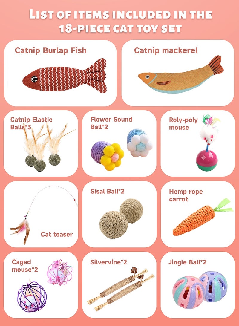 18pcs Cat Toy Set (1 Teasing Cat Stick, 1 Catnip Saury, 1 Catnip Burlap Fish, 1 Sisal Carrot, 2 Matatabi Sticks, 1 Tipping Mouse, 3 Catnip Bouncing Balls, 2 Cage Mice, 2 Bell Balls, 2 Sisal Balls, 2 Sisal Sound Flowers) - Image 2