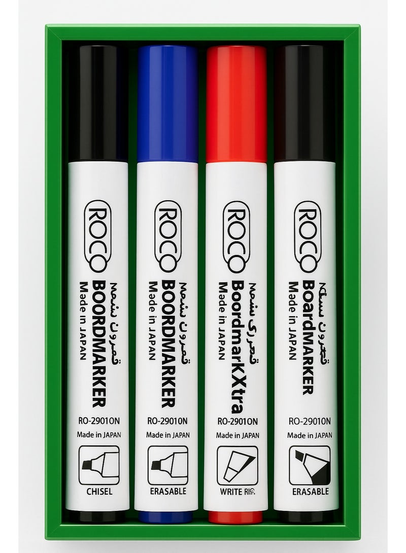 روكو مجموعة أقلام سبورة من روكو – 4 ألوان (أسود، أزرق، أحمر، أخضر) | رأس مشطوف، أقلام سبورة قابلة للمسح الجاف للمكتب والمدرسة والفصول الدراسية والمنزل | صنع في اليابان - Image 3