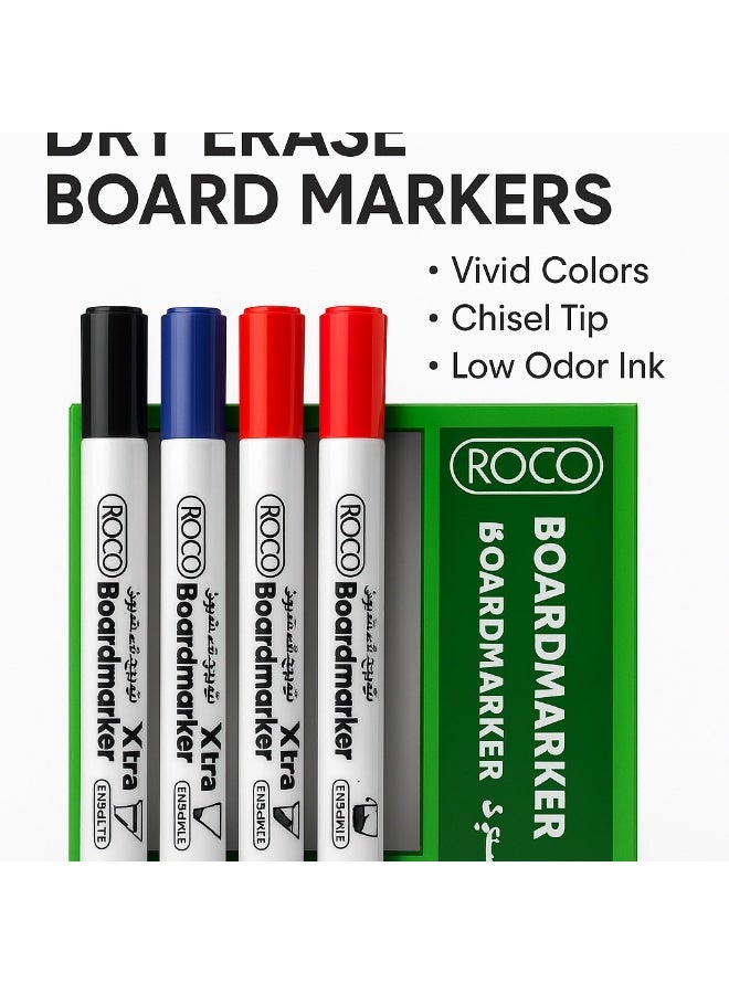 روكو مجموعة أقلام سبورة من روكو – 4 ألوان (أسود، أزرق، أحمر، أخضر) | رأس مشطوف، أقلام سبورة قابلة للمسح الجاف للمكتب والمدرسة والفصول الدراسية والمنزل | صنع في اليابان - Image 5