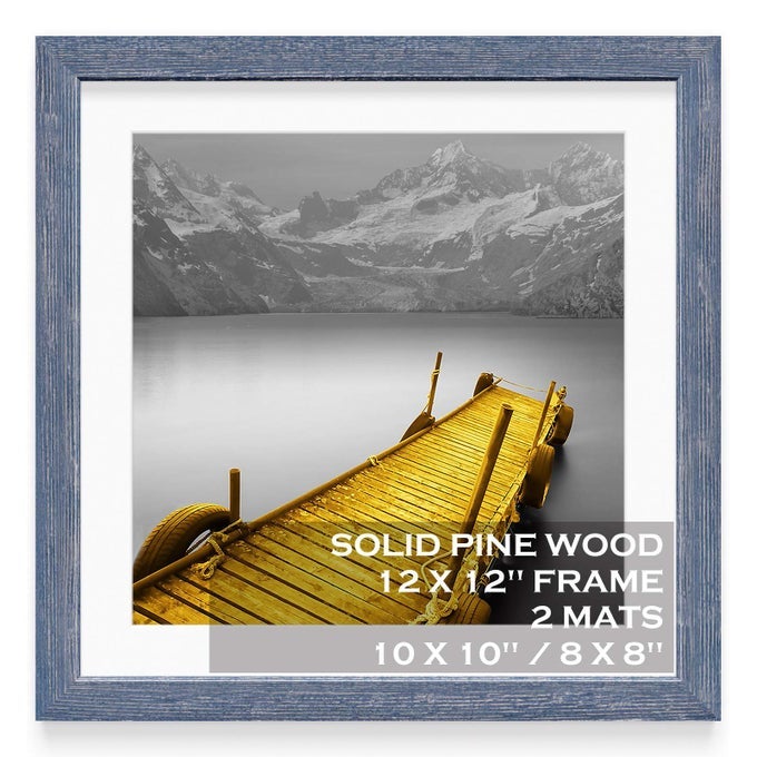 12x12 Picture Frames Wood Distressed Blue Display Pictures 10x10 or 8x8 with Mat or 12x12 without Mat 12x12 Inch Square Photo Frames with 2 Mats for Wall or Tabletop Mount 1 Pack