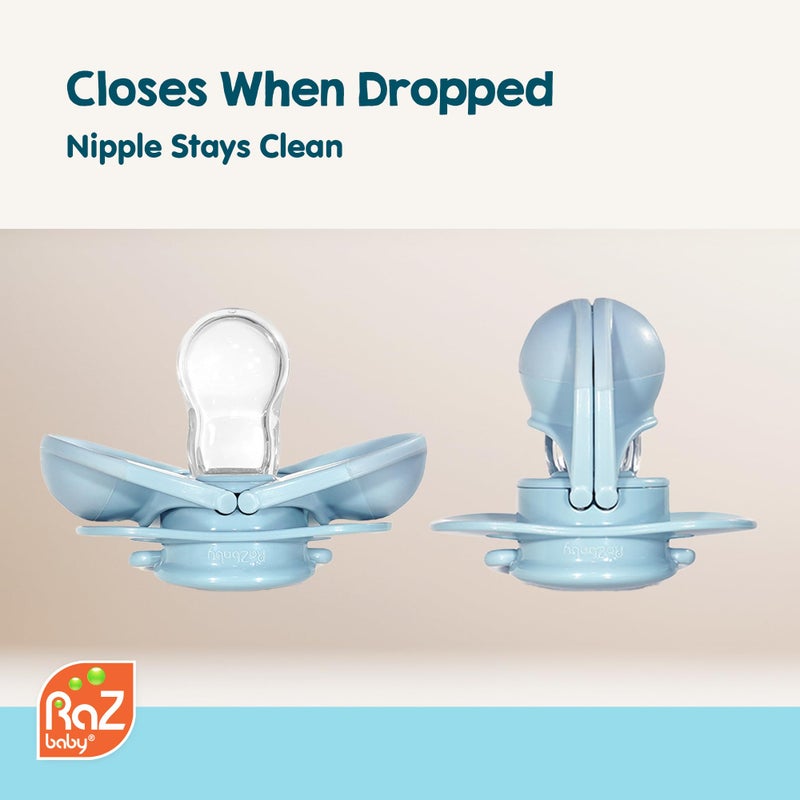RaZbaby Keep-It-Kleen Baby Pacifier 2-Pack Closes When Dropped - BPA-Free Silicone Orthodontic Nipple, Ideal for Travel, Nipple Stays Clean, 0-36 Months - Grey/Blue - Image 2