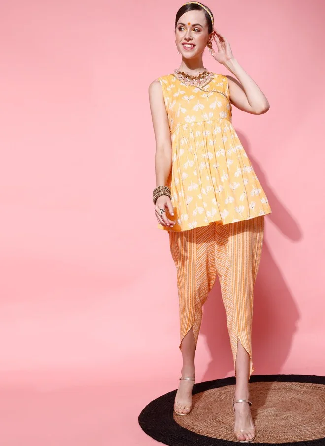 Indo Street Floral Printed A-Line Kurti with Dhoti Pants for Women