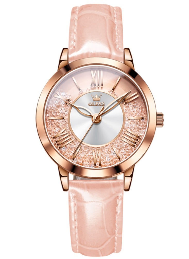 OLEVS Classic Leather Watches For Women Business Dress Rhinestone Roman Numerals Ladies Watches Waterproof Analog Quartz Womens Wrist Watches Pink Leather Strap - Image 1