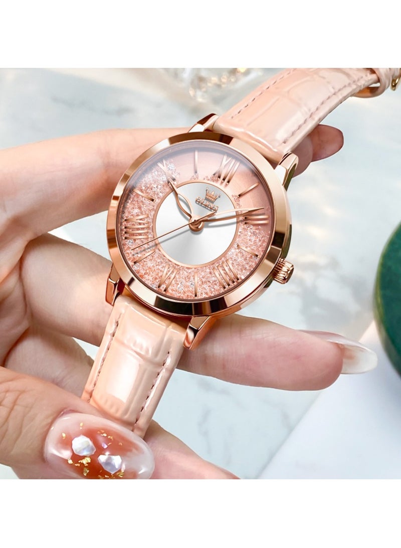 OLEVS Classic Leather Watches For Women Business Dress Rhinestone Roman Numerals Ladies Watches Waterproof Analog Quartz Womens Wrist Watches Pink Leather Strap - Image 2