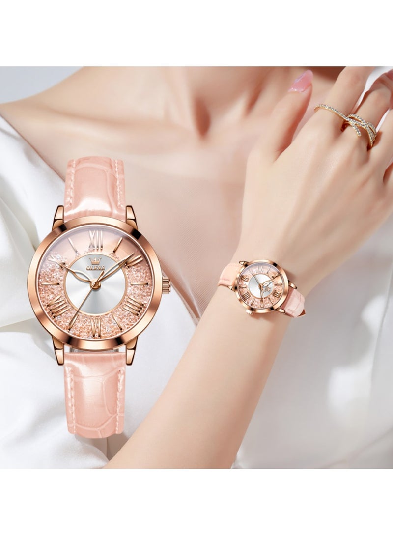 OLEVS Classic Leather Watches For Women Business Dress Rhinestone Roman Numerals Ladies Watches Waterproof Analog Quartz Womens Wrist Watches Pink Leather Strap - Image 4