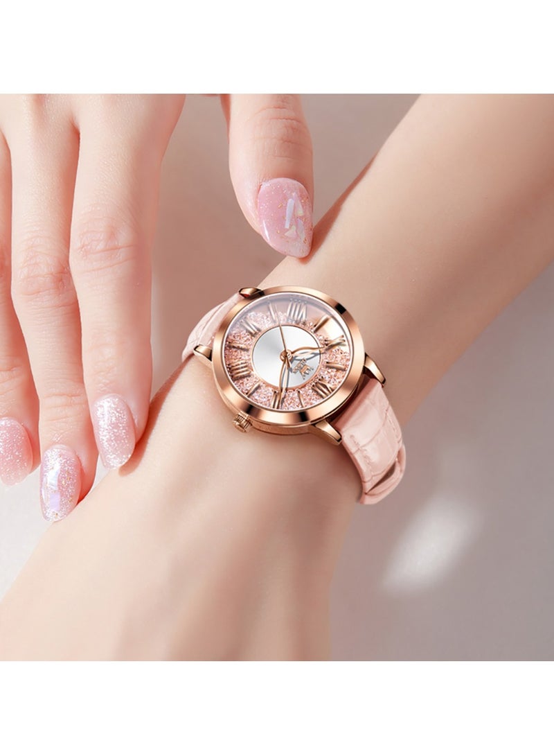OLEVS Classic Leather Watches For Women Business Dress Rhinestone Roman Numerals Ladies Watches Waterproof Analog Quartz Womens Wrist Watches Pink Leather Strap - Image 3