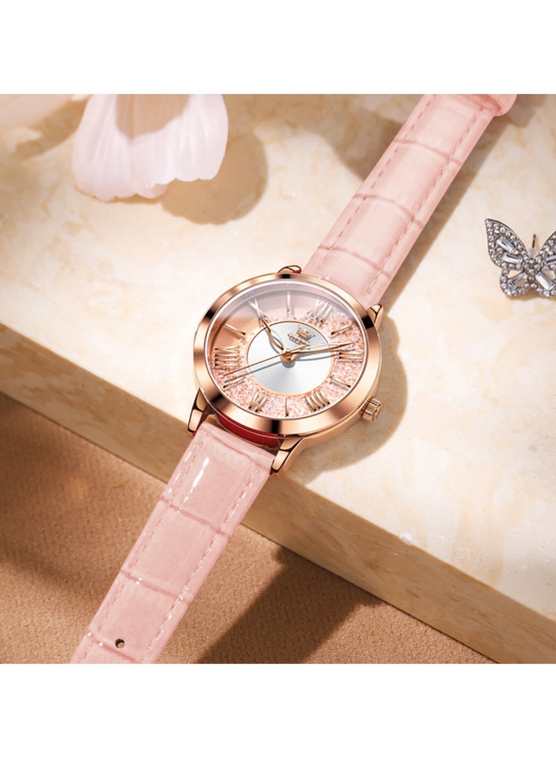 OLEVS Classic Leather Watches For Women Business Dress Rhinestone Roman Numerals Ladies Watches Waterproof Analog Quartz Womens Wrist Watches Pink Leather Strap - Image 5