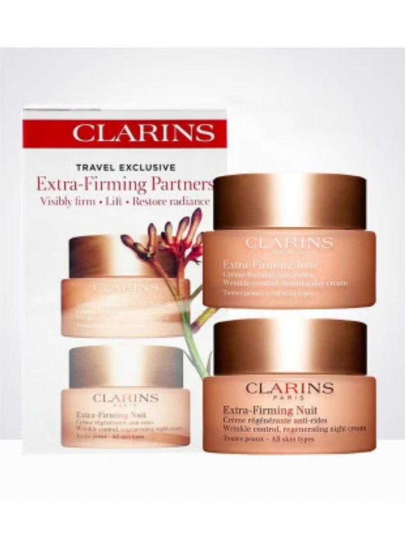 clarins clah Clarins Extra-Firming Partners Travel Exclusive Duo Set for Dry Skin | Day Cream & Night Cream | Firming, Lifting & Anti-Wrinkle Skincare | 2 x 50ml - Image 1