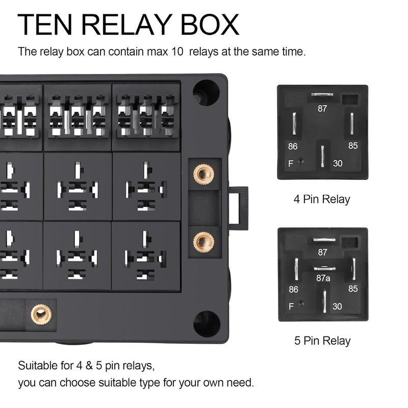 Weasch 12V Fuse Relay Box with 10 Relay Slots and 15 ATC/ATO Fuse Holder for Cars, Trucks, Marine, and Boats - Image 2