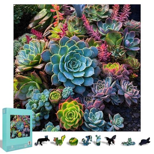 Mys Aurora Wooden Puzzles for Adults 500 Pieces Succulent Plant Jigsaw Puzzles with Unique Shapes 5MM Thick LaserCut Pieces Box Family Puzzle Games for Kids and Adults - Image 1