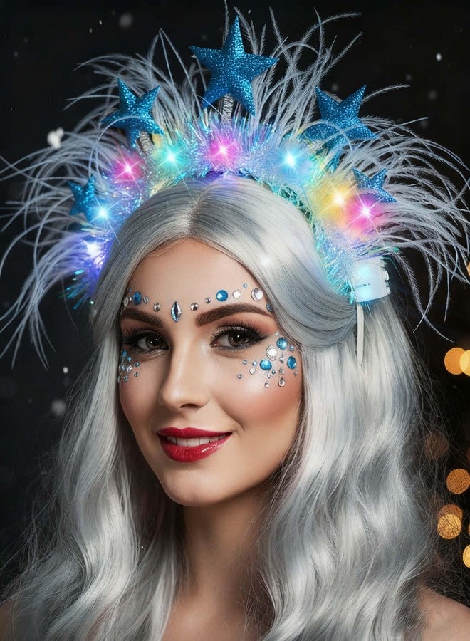 ووي طوق رأس مضيء على شكل نجوم من Woeoe، طوق شعر متوهج بإضاءة LED، إكسسوارات شعر مزينة بالريش للحفلات والمناسبات الخاصة بالنساء - Image 4
