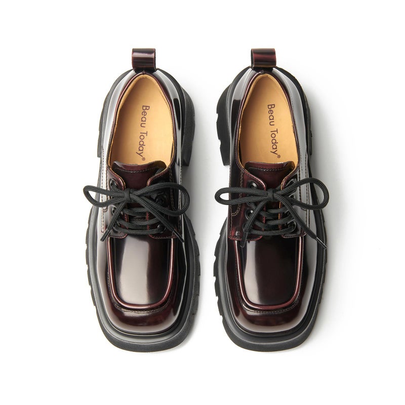 BEAU TODAY Chunky Oxfords, Platform Oxford Shoes, Classic Lace Up Leather Shoes, Comfortable Business Lug Sole Work Office Womens Shoes Wine US 7 - Image 1