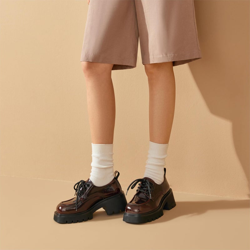 BEAU TODAY Chunky Oxfords, Platform Oxford Shoes, Classic Lace Up Leather Shoes, Comfortable Business Lug Sole Work Office Womens Shoes Wine US 7 - Image 3