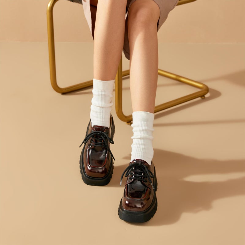 BEAU TODAY Chunky Oxfords, Platform Oxford Shoes, Classic Lace Up Leather Shoes, Comfortable Business Lug Sole Work Office Womens Shoes Wine US 7 - Image 2