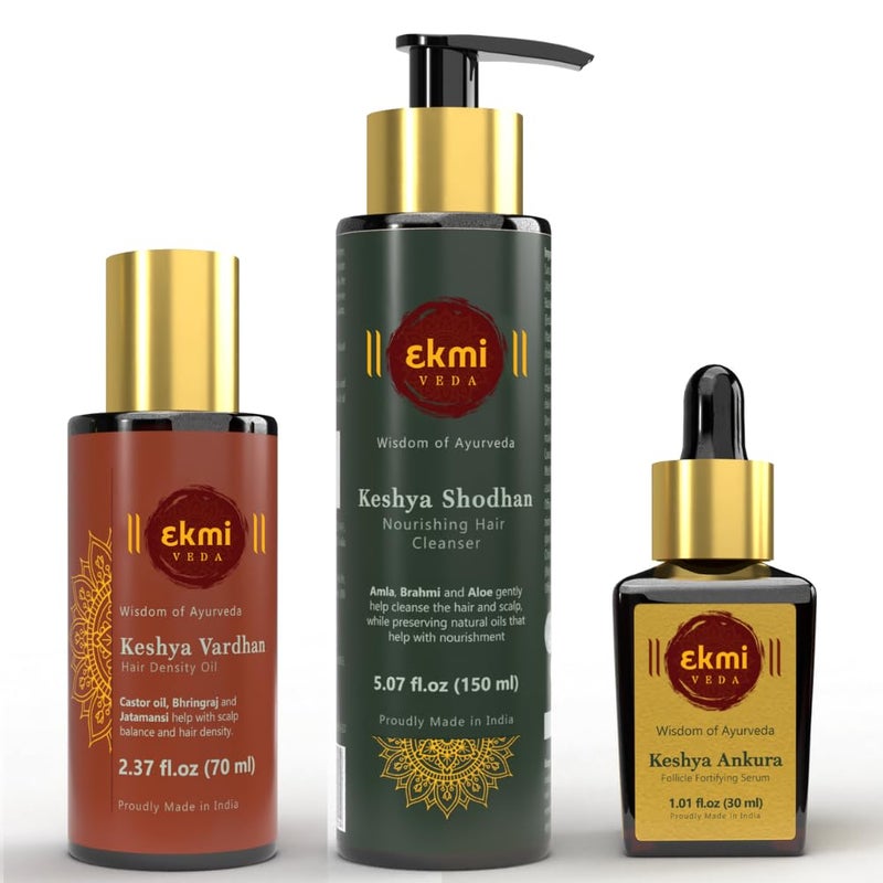 EKMIVEDA Hair Growth Set With Ayurvedic Herbs- Amla, Bhringraj, Castor, Rosemary For Hair Growth. Sulfate Free Hair Thickening Product,3 Pcs - Oil, Shampoo & Serum, 8.45 Fl Oz - Image 1