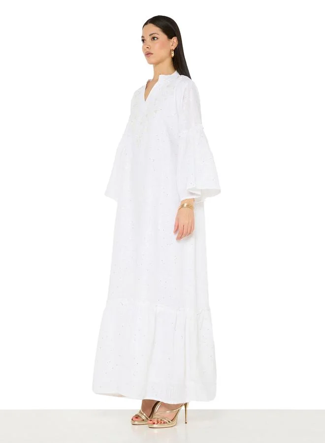Thouq White A-Line Maxi Jalabiya with Pearl Embellishment