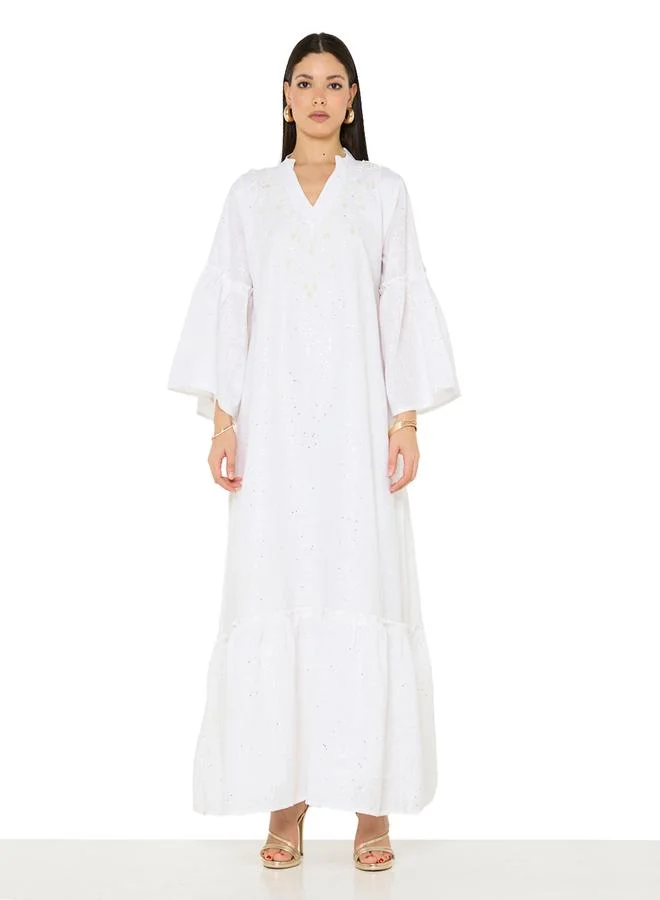 Thouq White A-Line Maxi Jalabiya with Pearl Embellishment