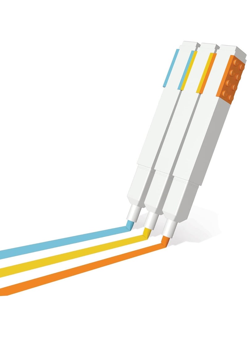 LEGO IQ Highlighter Markers 3-Pack – Yellow, Orange & Blue Chisel Tip Pens with 2x4 Building Bricks, Buildable Stationery Set for Kids & Adults - Image 2