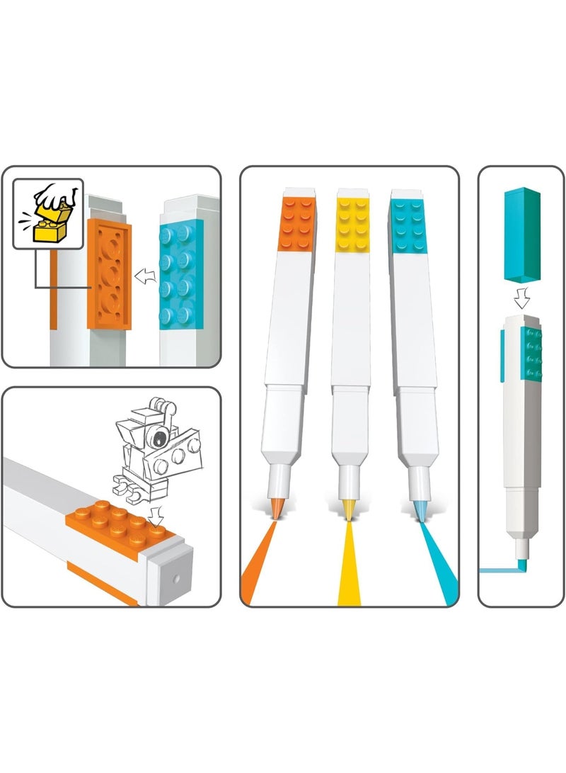 LEGO IQ Highlighter Markers 3-Pack – Yellow, Orange & Blue Chisel Tip Pens with 2x4 Building Bricks, Buildable Stationery Set for Kids & Adults - Image 4