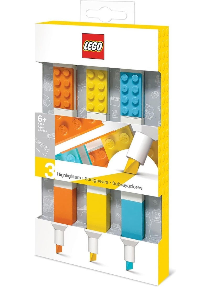 LEGO IQ Highlighter Markers 3-Pack – Yellow, Orange & Blue Chisel Tip Pens with 2x4 Building Bricks, Buildable Stationery Set for Kids & Adults - Image 1