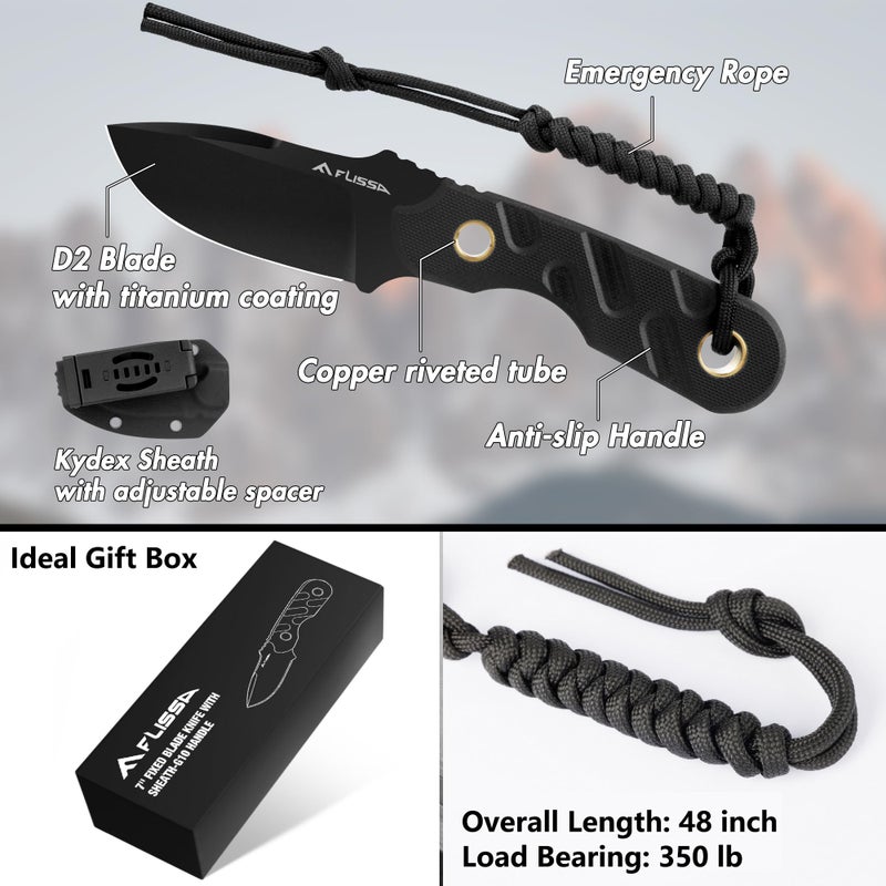 FLISSA Fixed Blade Knife, 7 Inch Full Tang Hunting Knife with Kydex Sheath and Emergency Rope, Tactical Knife with G10 Handle for Survival, Camping, Hiking(Black) - Image 5