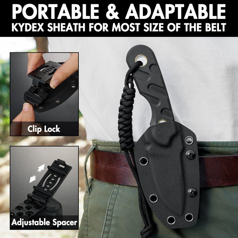 FLISSA Fixed Blade Knife, 7 Inch Full Tang Hunting Knife with Kydex Sheath and Emergency Rope, Tactical Knife with G10 Handle for Survival, Camping, Hiking(Black) - Image 4