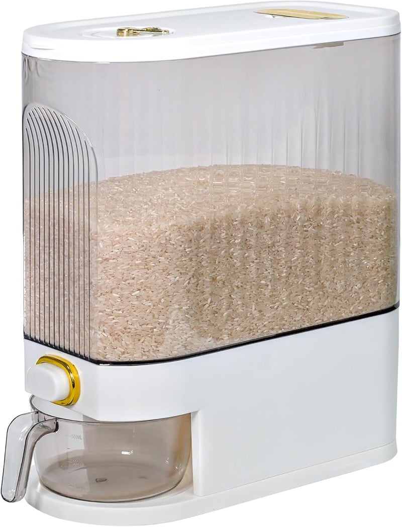 BERGFBV Rice Storage Container 10kg, Clear Food Grain Dispenser with Date Dial & Measuring Cup, Space-Saving Organizer for Rice, Cereal, Pet Food, Pasta - Image 1