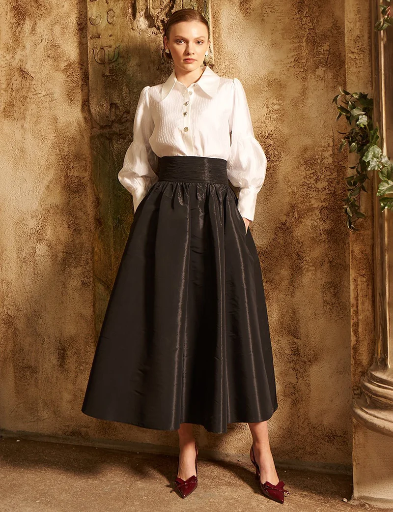 Kayra Flared Taffeta Skirt in Black