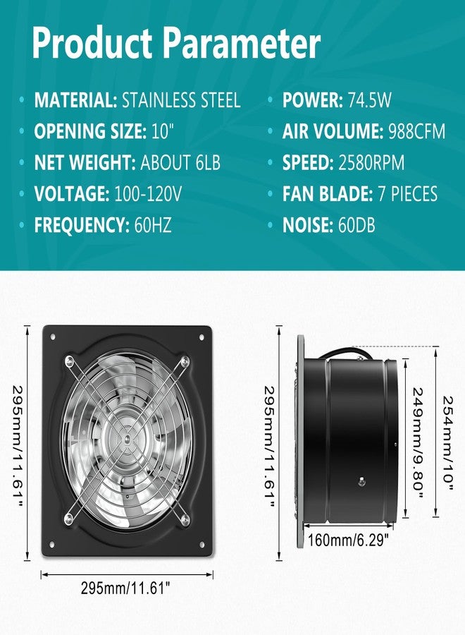 HG Power 10 Inch Metal Exhaust Fan with Switch, 988 CFM Powerful Garage Exhaust Fan with Damper, Potable Wall Mount Fan Fume Extractor Ventilation Fan for Shop, Shed, Basement, Chicken Coop, Black - Image 2