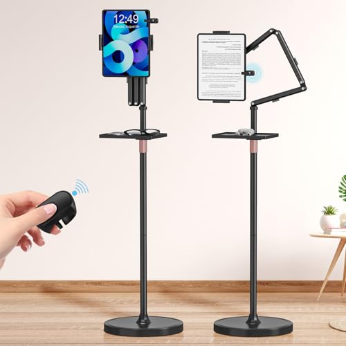 Houele Tablet Floor Stand with Remote Page Turner, iPad Floor Stand Kindle Holder with Removable Tray for Bed, Height Adjustable Tablet Mount iPad Holder for 4.7" -15.6" Kindles iPads and Phones - Image 1