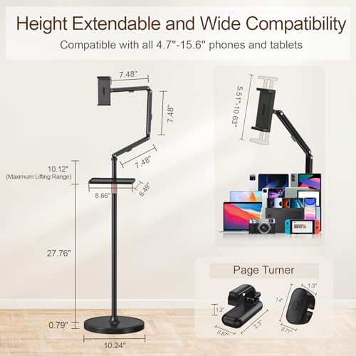 Houele Tablet Floor Stand with Remote Page Turner, iPad Floor Stand Kindle Holder with Removable Tray for Bed, Height Adjustable Tablet Mount iPad Holder for 4.7" -15.6" Kindles iPads and Phones - Image 4