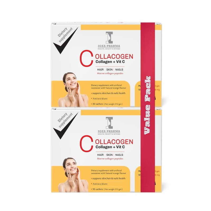 IGEA Collacogen Set of 2 | Marine Collagen Powder with Vitamin C, | Orange Flavour | Anti-Wrinkle and Skin Hydration, Suitable for Hair, Nails and Skin