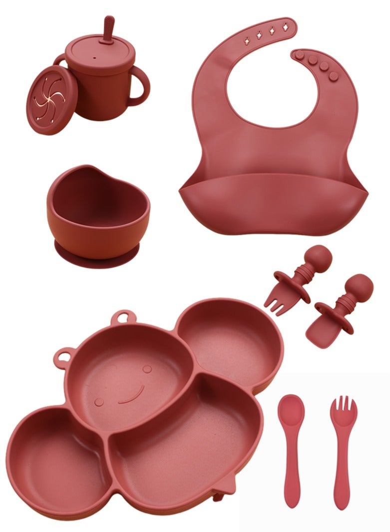 RAKAY Baby Feeding Set, 8-Piece Silicone Cutlery,  Burgundy Red. With Bibs, Bowls, Cups, Straws, Lids, Bee Plates, Short-Handled Fork Spoons, Long Fork Spoons 