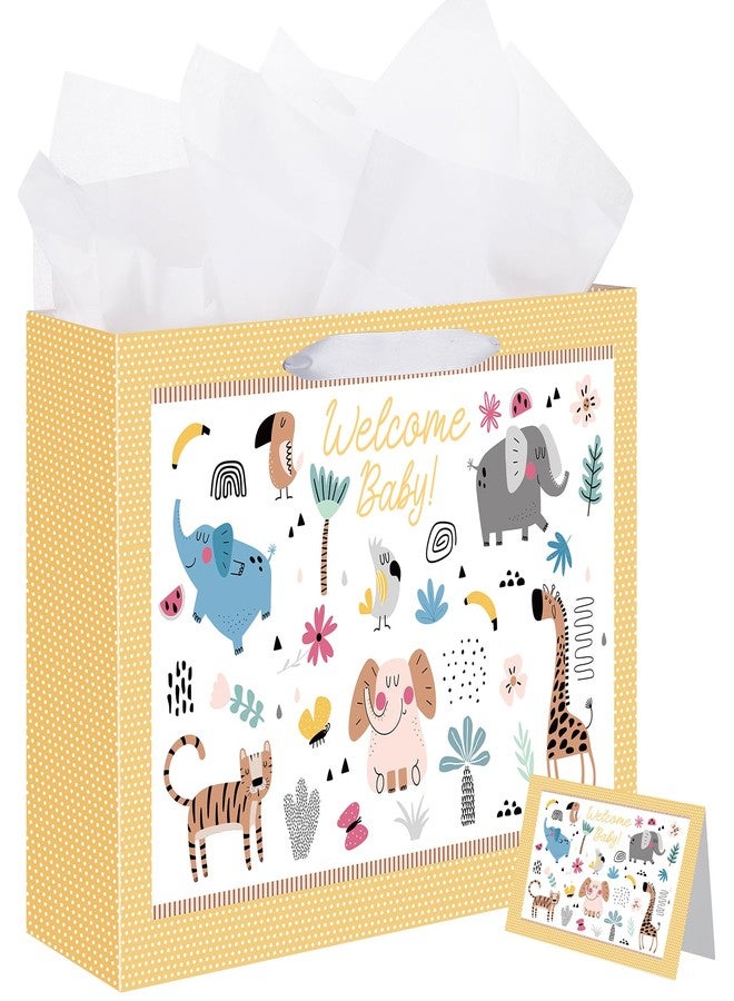 woric 14.5" Baby Gift Bag for Baby Shower with Tissue Paper and Greeting Cards for Boys Girls Birthday Party(Cute Animals) - Image 1