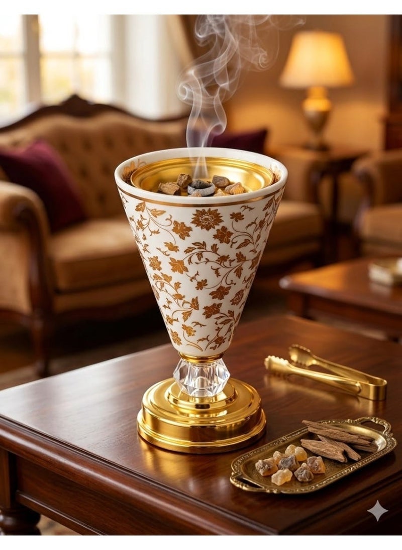 Luxury Ceramic Incense Burner with Gold Floral Pattern, Crystal Base, Tongs, and Gift Box - Image 2