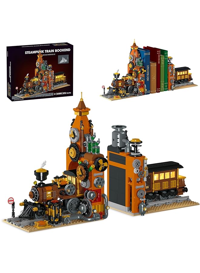 KASTWAVE Steampunk Train Bookend Building Block Set 252 Pcs Creative Book Nook Kit With Led Light Rich Details Miniature Book Nook Building Block Model For Kids Adults Boys Girls Age 8+ - Image 1