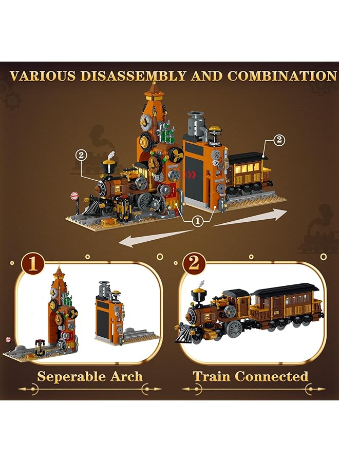 KASTWAVE Steampunk Train Bookend Building Block Set 252 Pcs Creative Book Nook Kit With Led Light Rich Details Miniature Book Nook Building Block Model For Kids Adults Boys Girls Age 8+ - Image 5