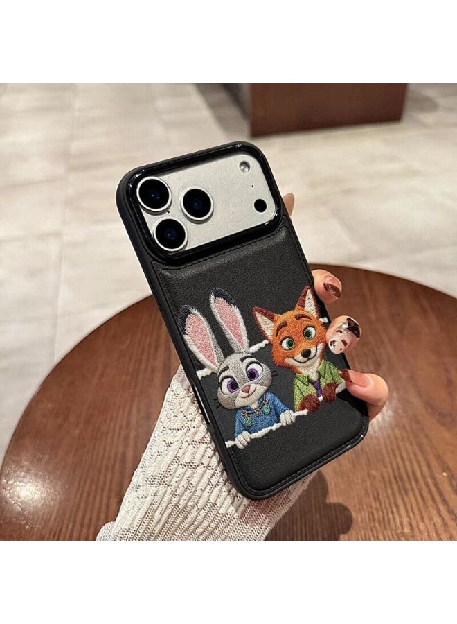 Apple iPhone 17 Pro phone case with a black cartoon design featuring a bulging fox and rabbit for added protection against drops