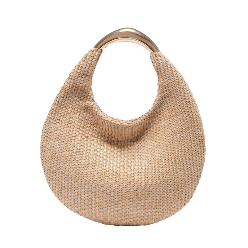 PHILOMENA Straw Bag for Women Crescent Bag, Boho Chic Summer Beach Braided Tote Purse Lightweight & Stylish Top Handle Handbag (Apricot) - Image 1