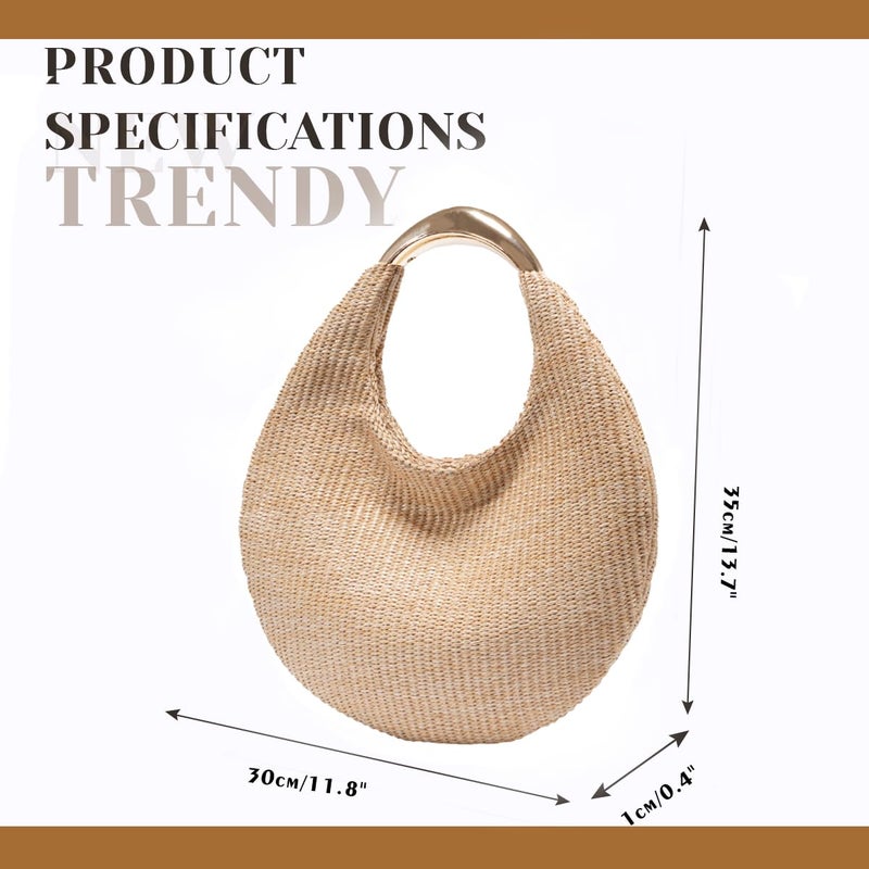 PHILOMENA Straw Bag for Women Crescent Bag, Boho Chic Summer Beach Braided Tote Purse Lightweight & Stylish Top Handle Handbag (Apricot) - Image 3